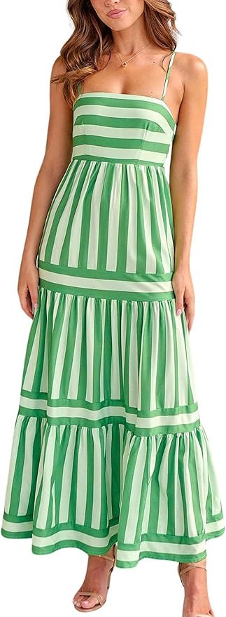 chouyatou Women Spaghetti Strap Back Smocked Maxi Striped Dress Summer Casual Floral Flowy Beach ... | Amazon (US)