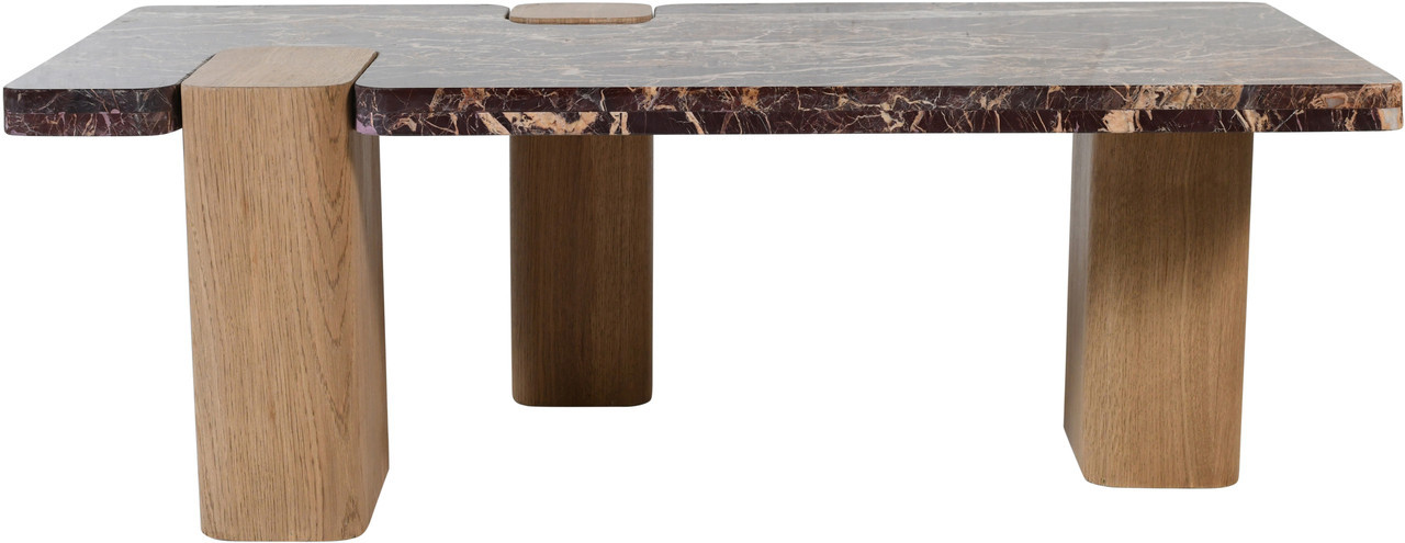 Ravenna Genuine Marble Top and Oak Wood Base Coffee Table In Burgundy and Natural | 1stopbedrooms