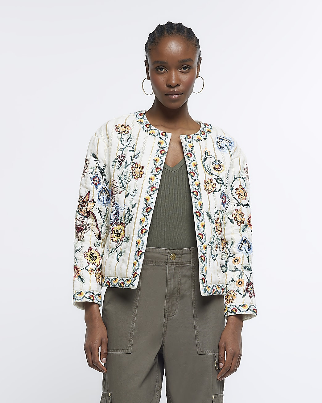 Cream Floral Quilted Jacket | River Island (UK & IE)