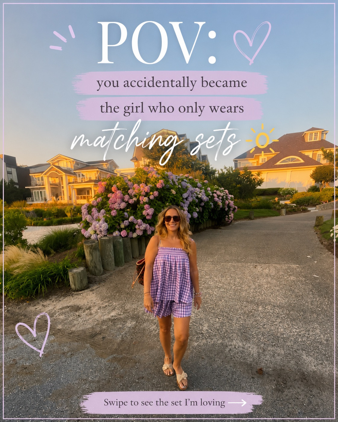 Matching sets have officially become my summer personality. 💜

I swear they make getting dressed so much easier. This gingham set is lightweight, breezy, and somehow feels like pajamas while still looking completely put together. Perfect for beach dinners, vacation, errands, or those hot summer days when you want to look cute without trying too hard.