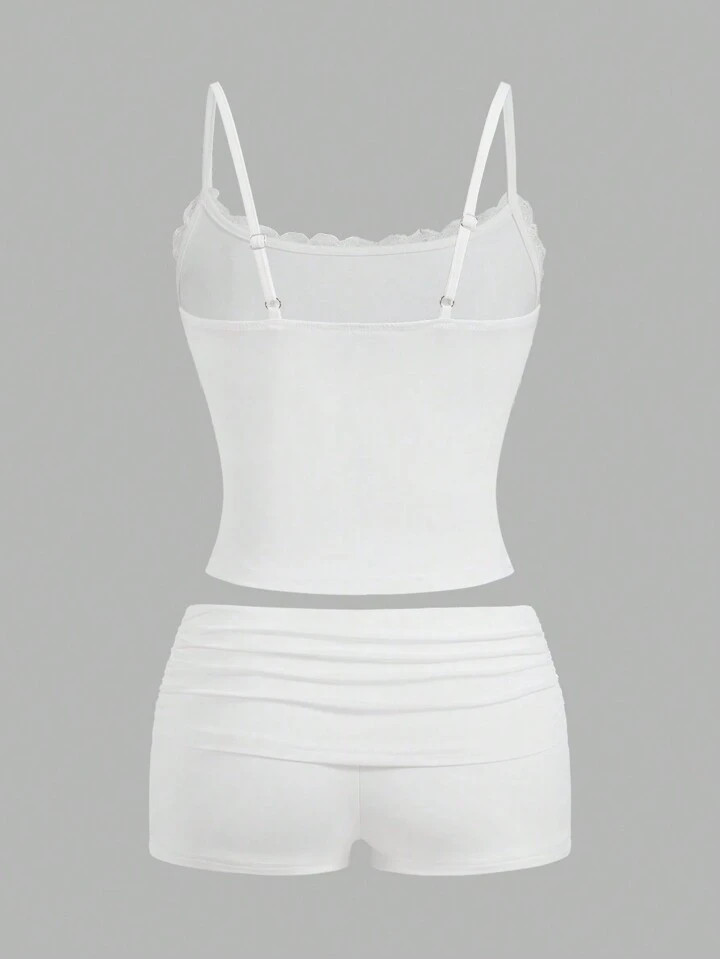 SHEIN EZwear Contrast Lace Cami Top & Shorts For Summer | SHEIN