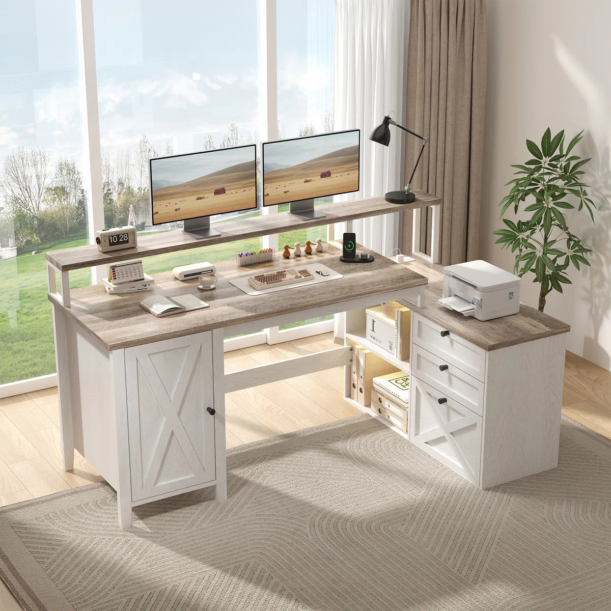 Farmhouse L-Shaped Desk With Power Outlet & Led Lights, Large Corner Computer Desk With 3 Drawers... | Wayfair North America