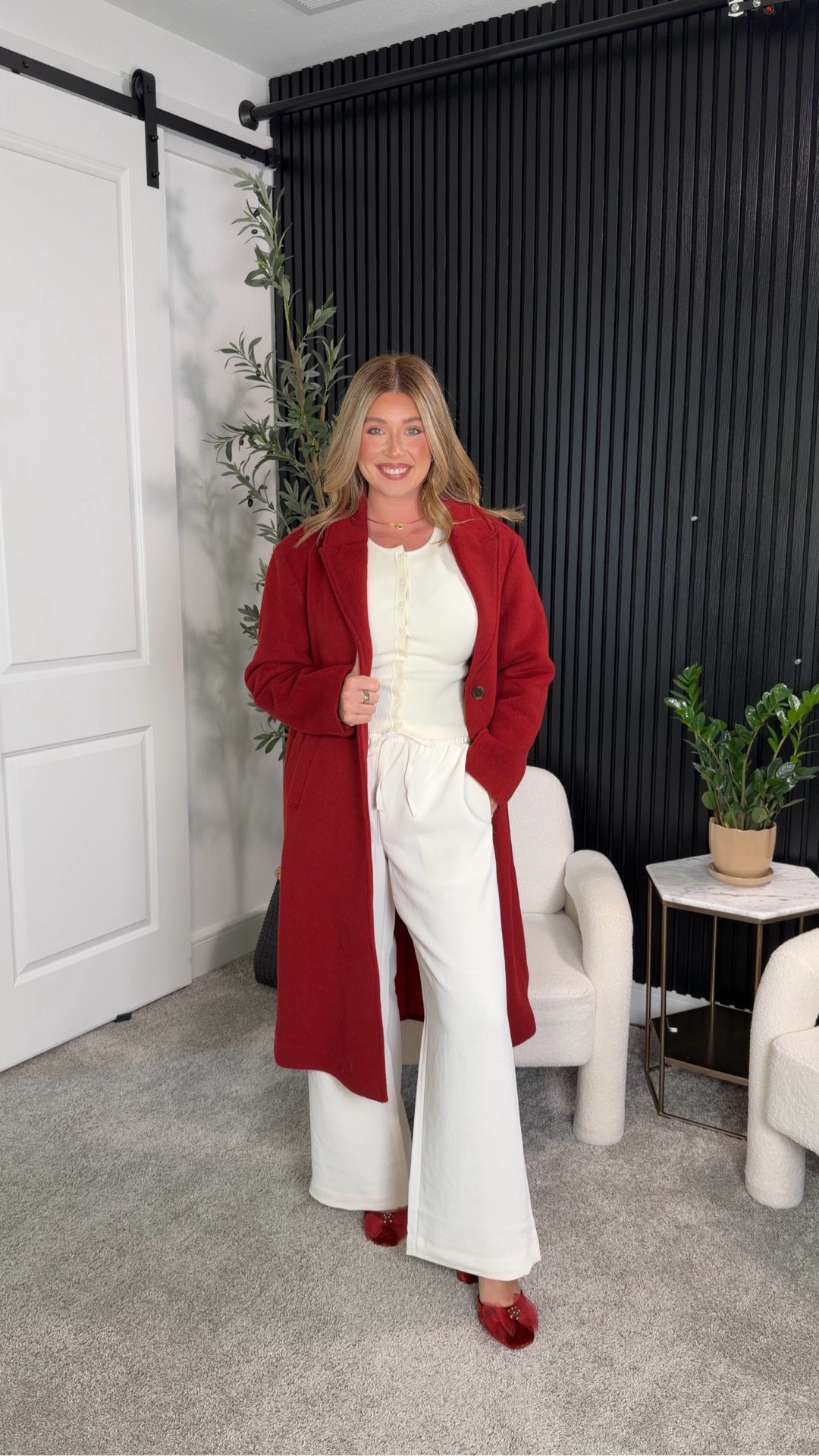 Corporate Christmas party outfit inspo. Top is in a medium and runs a bit small if you’re larger chested. Pants are in a medium regular & fit perfectly. Coat is old from Abercrombie but I linked some similar 

#LTKStyleTip #LTKHoliday #LTKMidsize