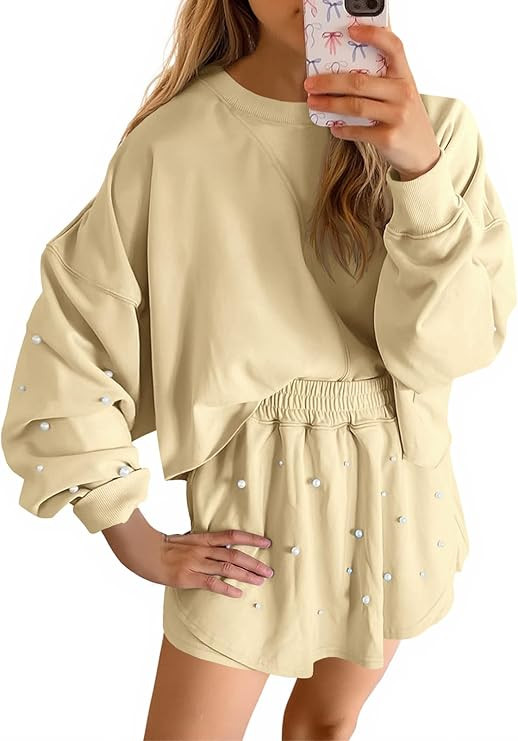 Fisoew Womens Lounge Sets 2 Piece Outfits Decor Pearl Long Sleeve Sweatshirt Skort Skirt Tracksui... | Amazon (US)