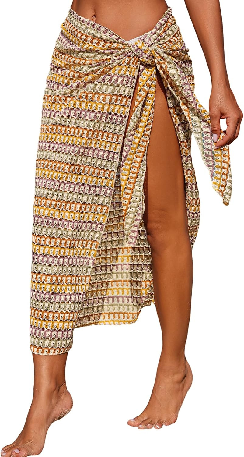 ZAFUL Swimsuit Coverup for Women Crochet Beach Cover ups Sarong Wraps Tie Side Bathing Suit Cover Up Long Skirt | Amazon (US)