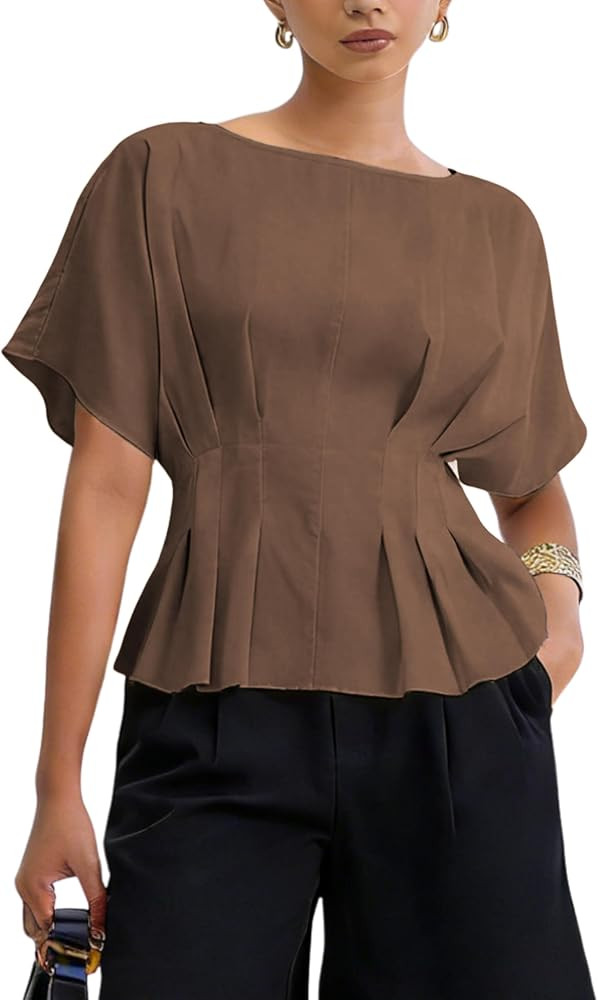 Zhiyouni Women's Summer Peplum Tops Short Sleeves Crewneck Dressy Casual Babydoll T-Shirt Blouse | Amazon (US)