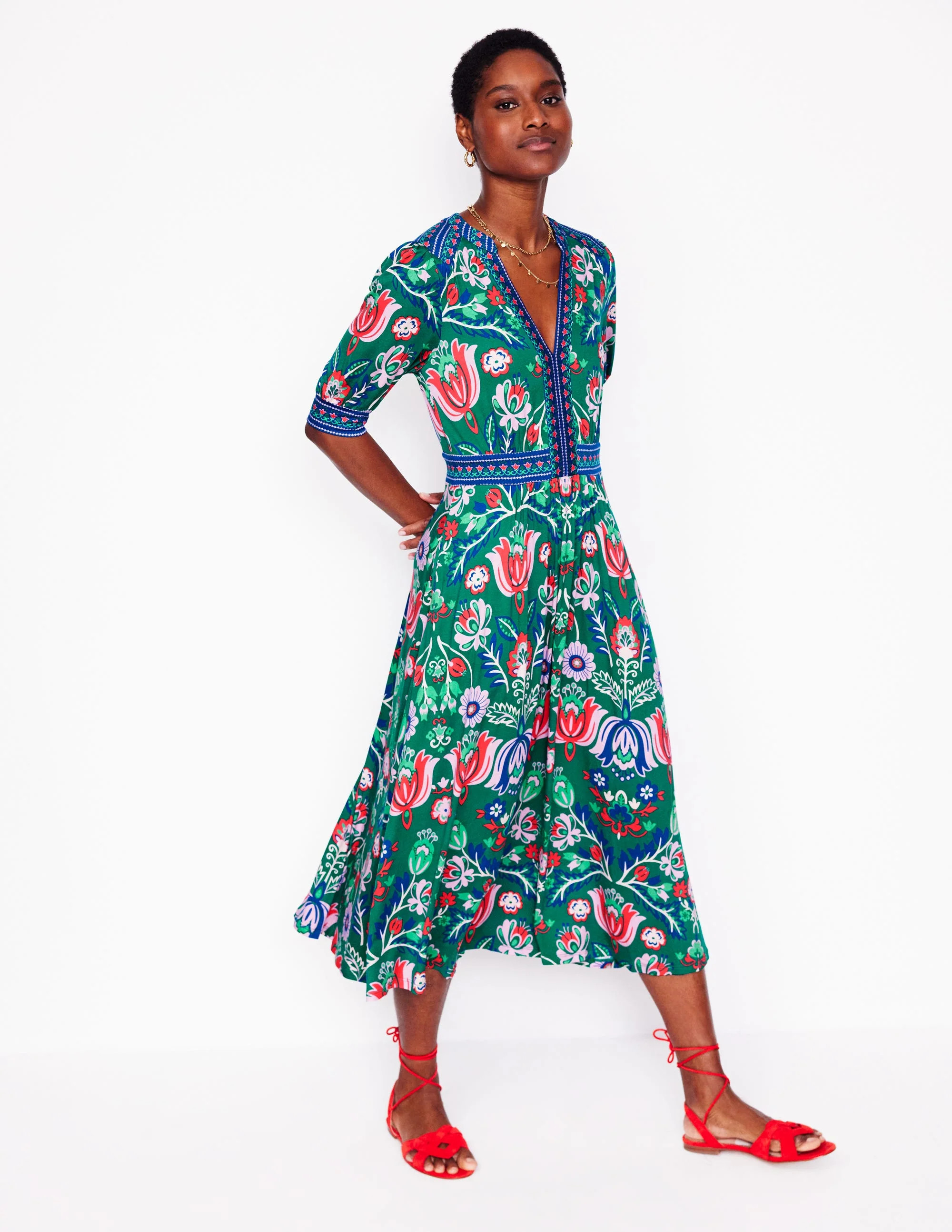 Lily Jersey Midi Tea Dress-Forest Grass, Tulip Fusion | Boden (US)