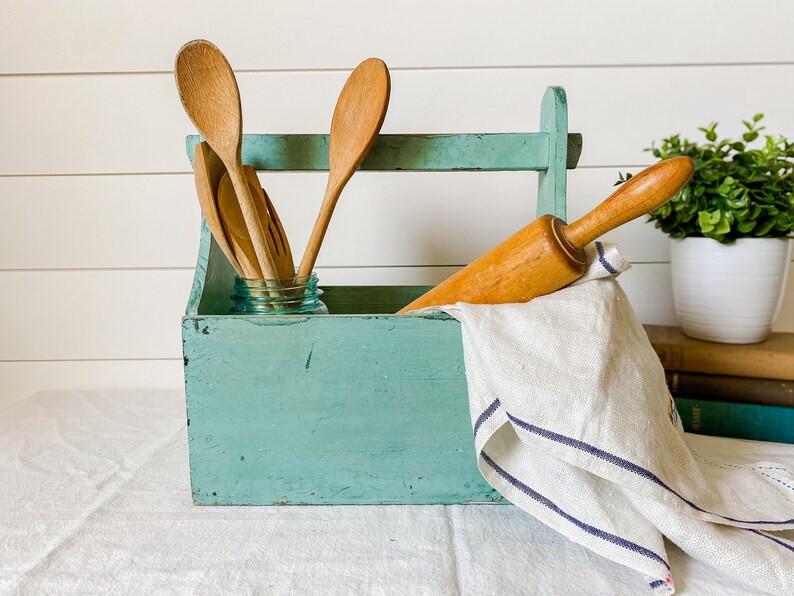 Vintage Wood Caddy Teal Green Painted Wooden Farmhouse Crate - Etsy | Etsy (US)