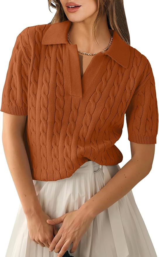 ANRABESS Women's Short Sleeve Sweaters Tops Polo V Neck Cable Knit Casual Soft Pullover Shirts 20... | Amazon (US)