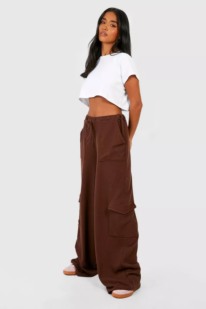 Petite Crinkle Rib Cargo Trouser | Boohoo.com (UK & IE)