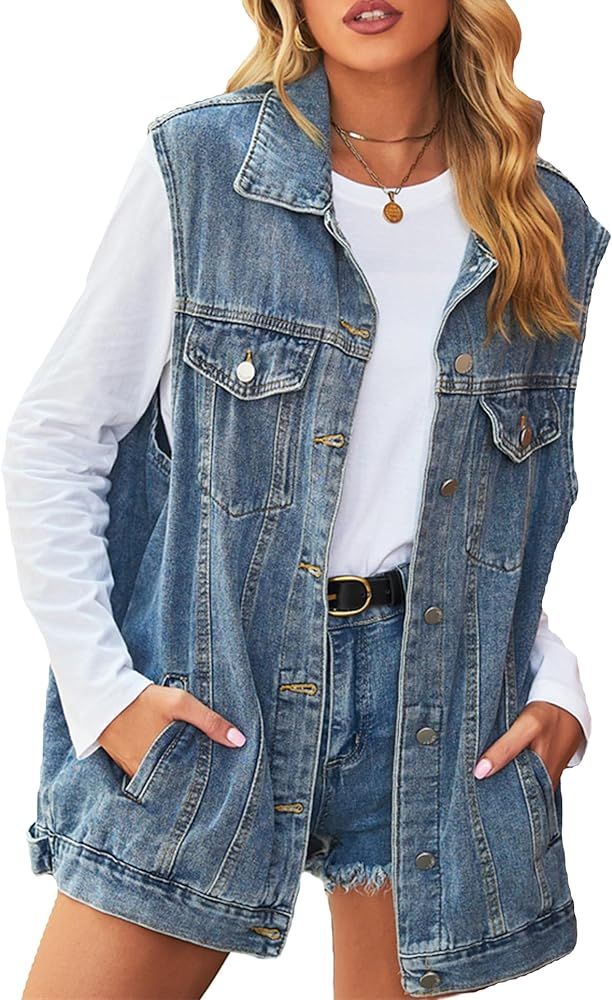 PAODIKUAI Women's Oversized Denim Vest Mid Long Jean Vest Sleeveless Jackets Distressed Vest Cott... | Amazon (US)