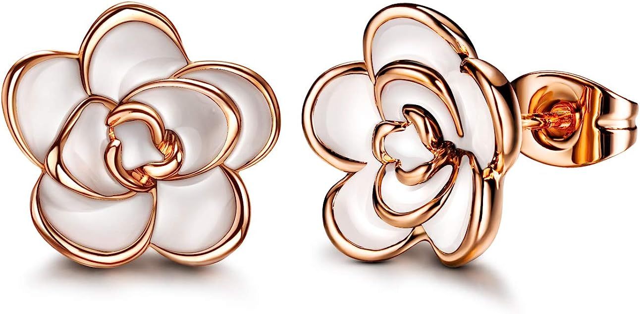 AllenCOCO 18K Gold Plated Black Rose Flower Stud Earrings for Women | Amazon (US)