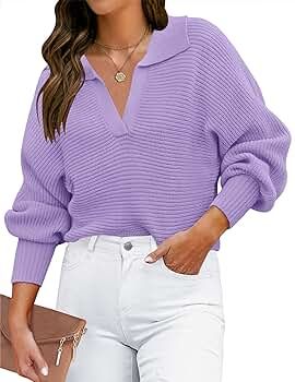 ZESICA Women's 2023 Fall Lapel Collar V Neck Long Sleeve Ribbed Knit Comfy Loose Casual Pullover ... | Amazon (US)