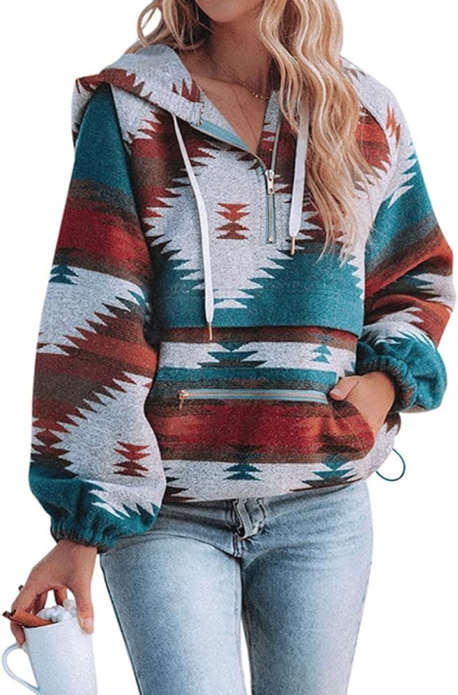 BZSFW Women Aztec Print Pattern Western Ethnic Half Zip Long Sleeve Pullover Hoodie Sweatshirt | Amazon (CA)