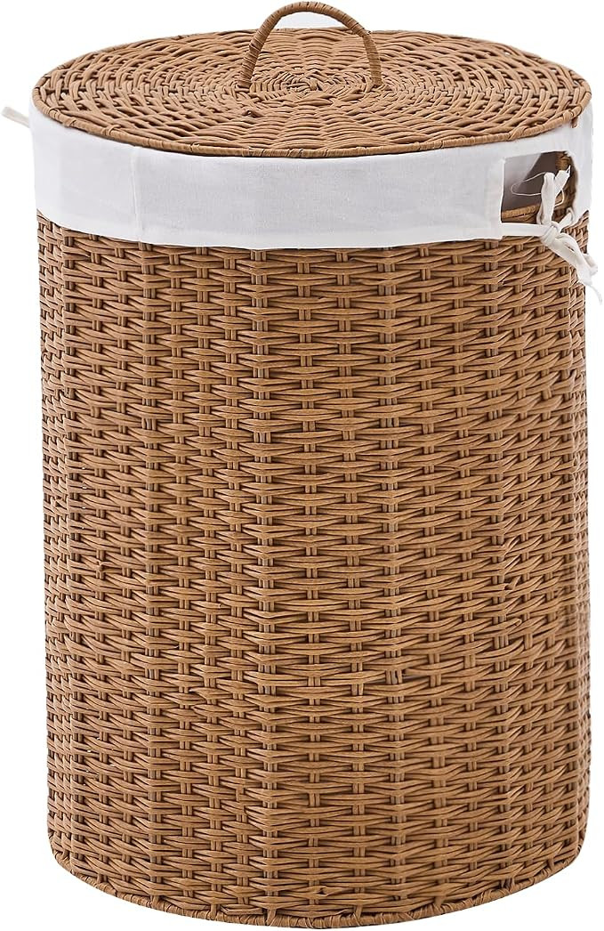 Round Wicker Laundry Hamper with Lid Handwoven Rattan Basket with Handles for Dirty Clothes, 2 Wa... | Amazon (US)