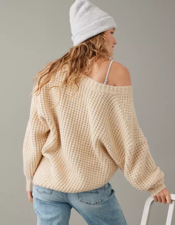 AE Whoa So Cozy Waffle V-Neck Sweater | American Eagle Outfitters (US & CA)