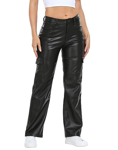 HDE Women's Faux Leather Cargo Pants with Pockets High Waisted Y2K Relaxed Pant Black - 29 | Amazon (US)
