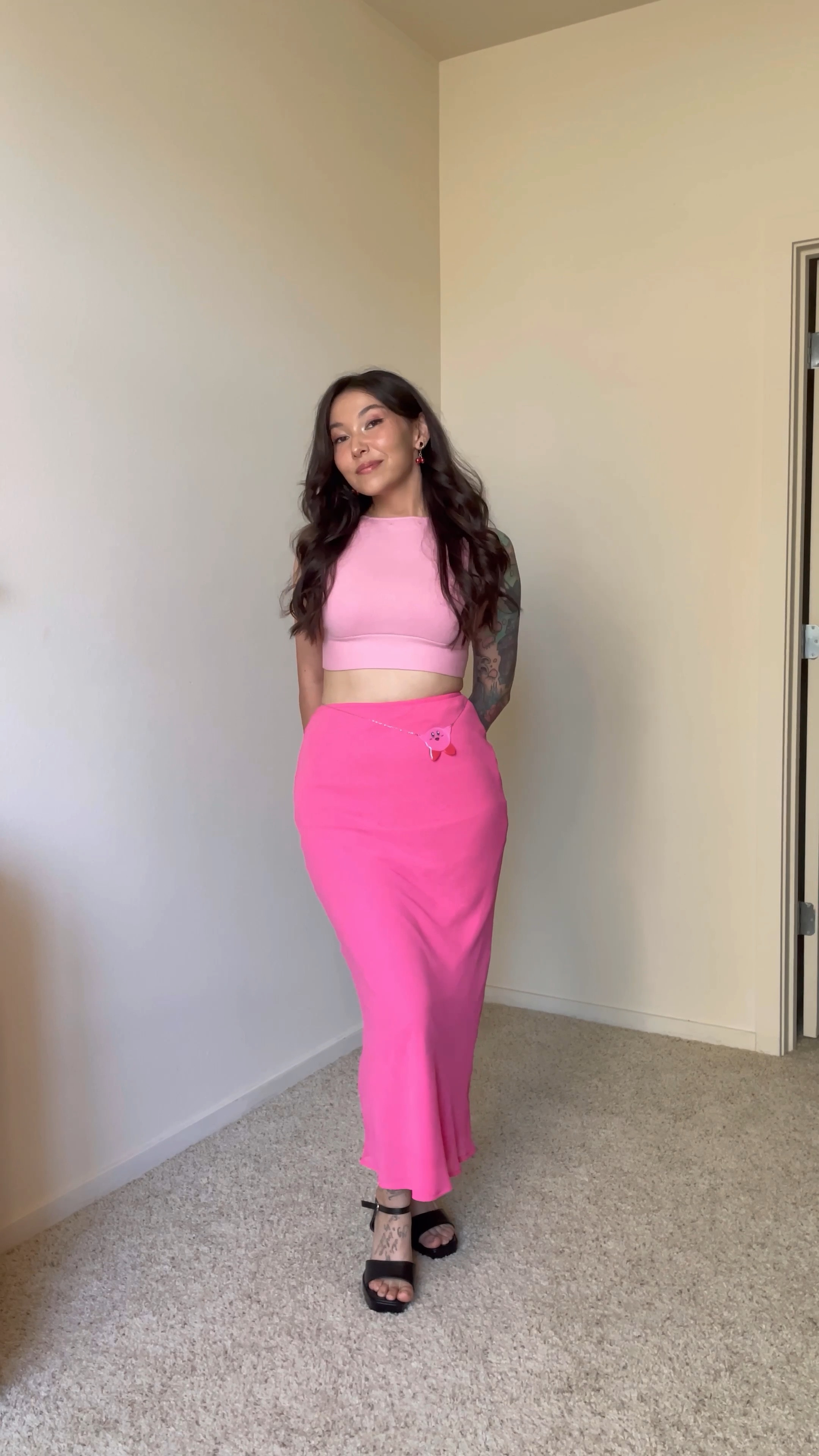 Pink outfit inspo 🌸🎀🩷
I liked how the back of the top looked better than the front, so I wore it backwards. 😅 Orher top options in a similar color palette are 🔗ed below!

#pink #outfit #skirtoutfit #midiskirt #summeroutfit #datenightoutfit 

#LTKFind #LTKunder50 #LTKstyletip