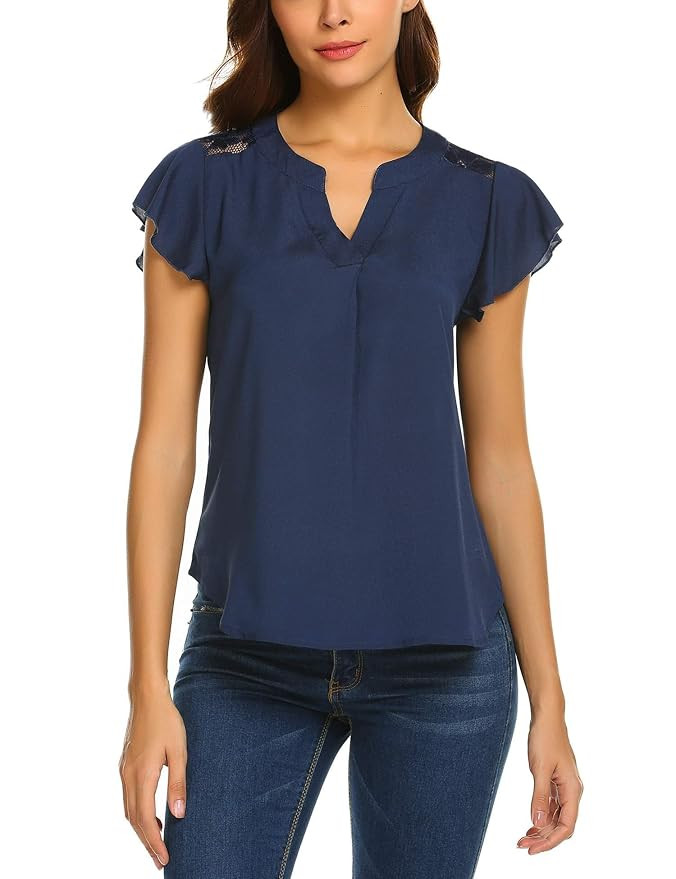 Meaneor Women's Casual V-Neck Tops Blouse Chiffon Ruffle Short Sleeve Lace Shirts | Amazon (US)