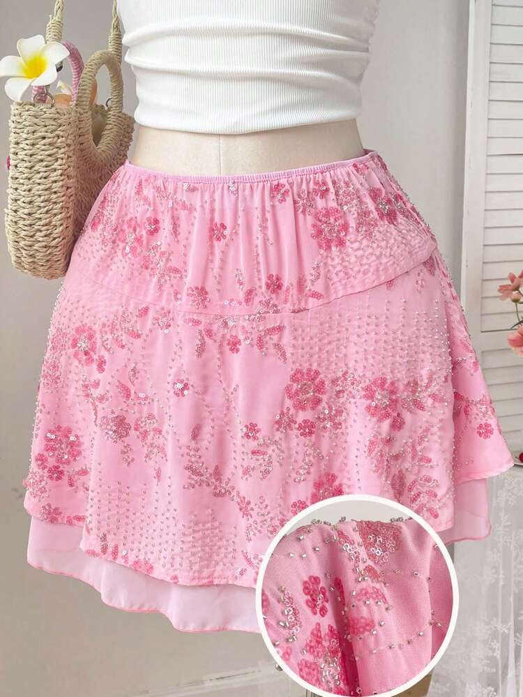 Pink bead embellished skirt | SHEIN