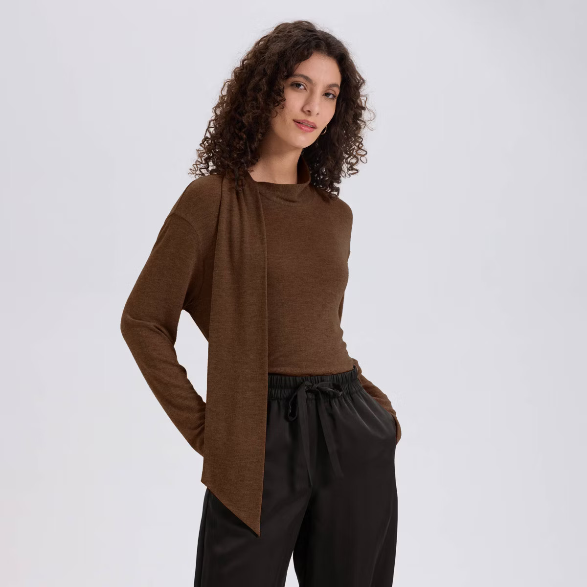 Women's Long Sleeve Scarf Neck Sweater Knit Top - A New Day™ Brown M | Target