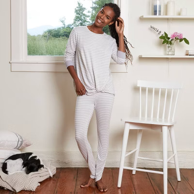 Women's Striped Cozy Long Sleeve Top and Leggings Pajama Set - Stars Above™ Gray | Target