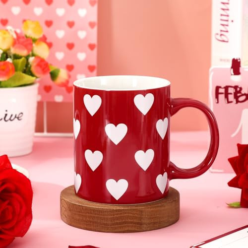 Whaline Valentine's Day Mug Ceramic Drinking Cup Red White Heart Coffee Mug for Anniversary Wedding Engagement Supplies Table Centerpieces, 12oz | Amazon (US)