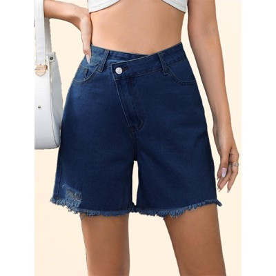 Clearlove Womens Denim Shorts Asymmetric Cross Waist Raw Hem Ripped Denim Shorts Frayed Denim Bottoms Summer Casual Shorts, Dark Blue - S | Target