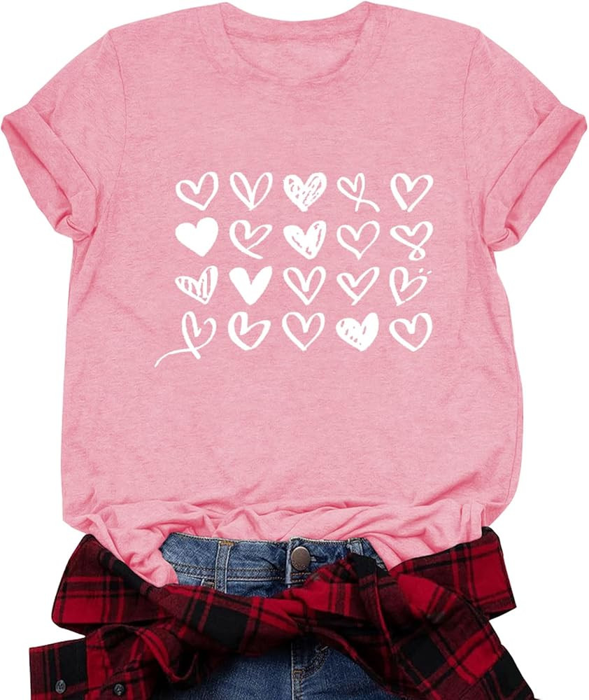 Valentines Shirts for Women Valentine Love Heart Printed Graphic Tshirt Cute Girls Casual Top | Amazon (US)