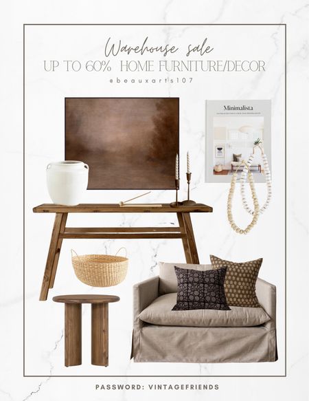 Shop the warehouse sale and save up to 60% off on furniture and home decor!!

Wall art, vintage elm wood console table, slip cover arm chair, storage basket, coffee table book, bone beads, candle holders, vase, side table, throw pillows and more 

#LTKsalealert #LTKhome #LTKFind