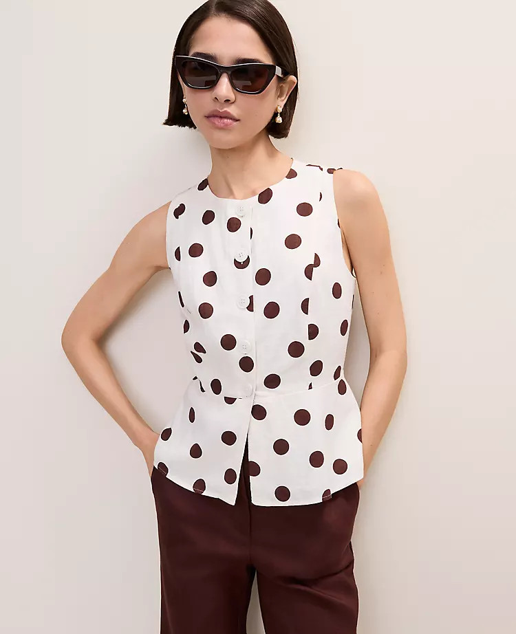 Polka Dot Linen Blend Peplum Tank Top | Ann Taylor