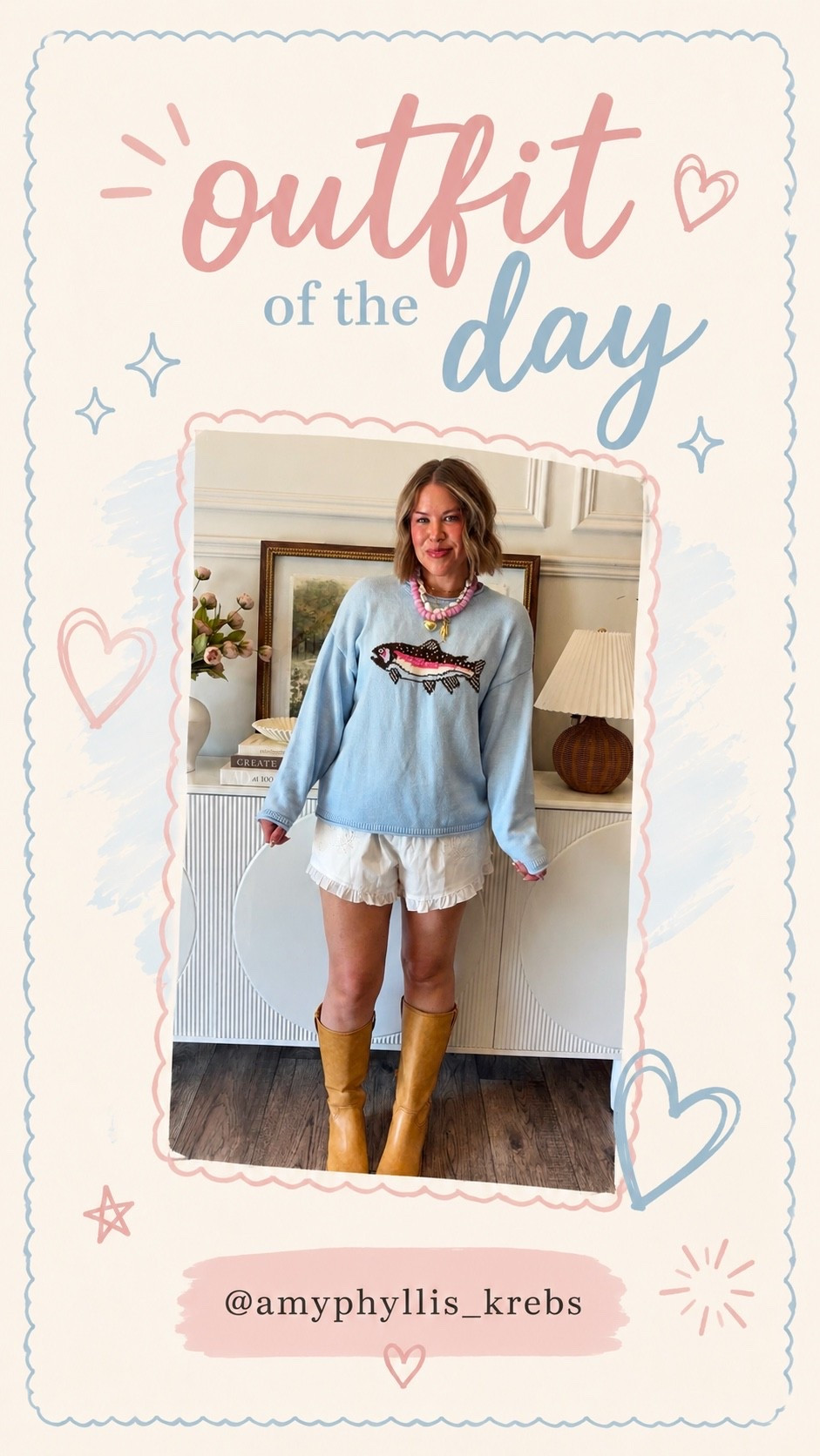 Outfit of the day
I am obsessed with this trendy look! The ruffle shorts can go with so much and I love it paired with a sweater and the fish sweaters right now are so freaking cute! I also love the tall boots with shorts trend and these are a loom for less! 
#target #targetstyle #targetoutfit #outfitidea #walmart #walmartfinds #walmartstyle #affordableoutfit #beadednecklace #fishnecklace #springoutfit #summeroutfit #outfitinspo #trendyoutfit #ruffleshorts #amazonfinds

#LTKootd #LTKSeasonal #LTKOver40