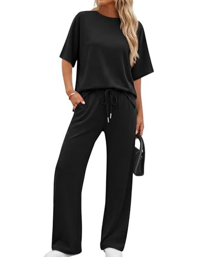 XIEERDUO Womens Lounge Sets Summer 2 Piece Travel Outfits Spring Loungewear Short Sleeve Tracksuits Airport Track Suits Wide Leg Sweatsuit Cruise Wear Vacation Clothes Matching Clothing Black L | Amazon (US)