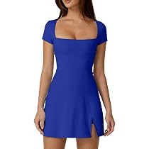 QINSEN Womens Square Neck Tennis Dress Short Sleeve Built in Shorts Golf Athletic Dress with Pock... | Amazon (US)