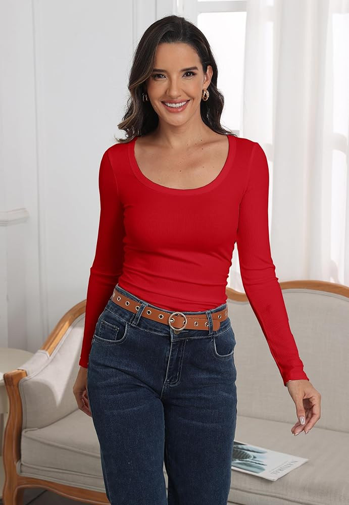 Roselux Womens Long Sleeve Scoop Neck Ribbed Knit Fitted Casual Tops Tee Slim Basic Shirts | Amazon (US)