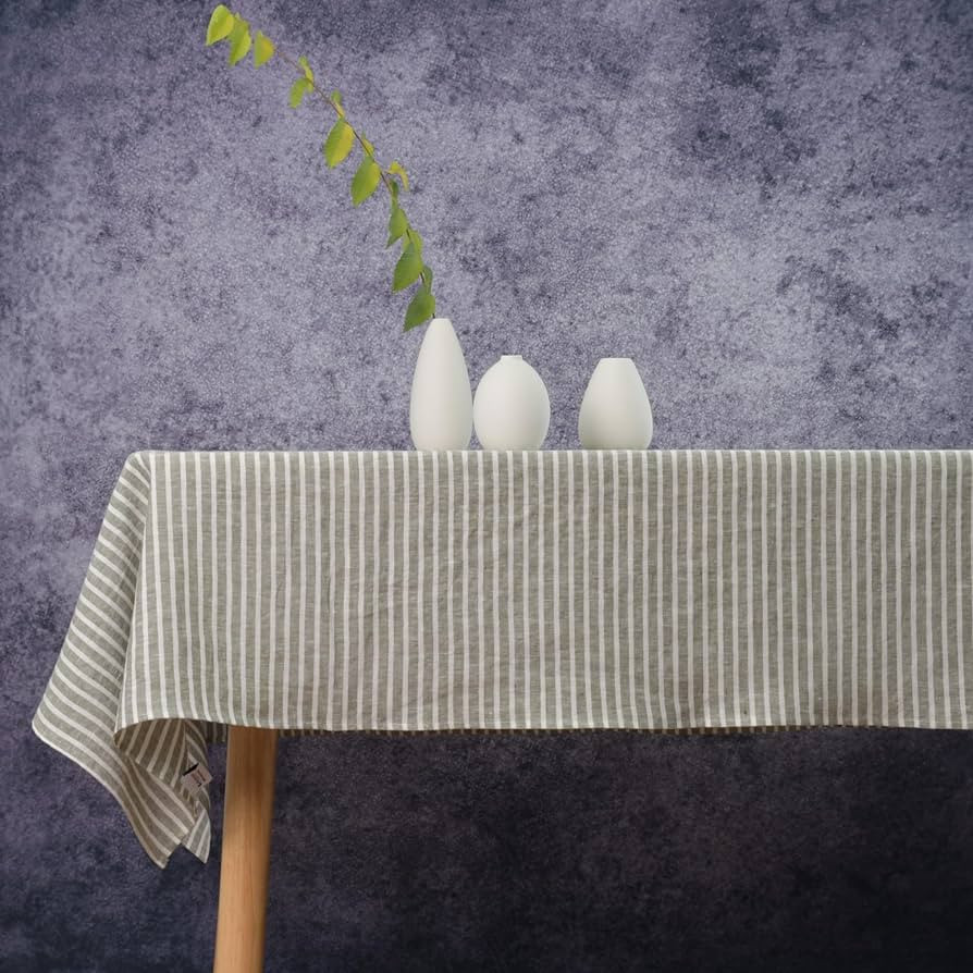 Linen Tablecloth- 55x90 Inch Stripe Pure Linen Green and White Table Cloth for Rectangle Tables, ... | Amazon (US)