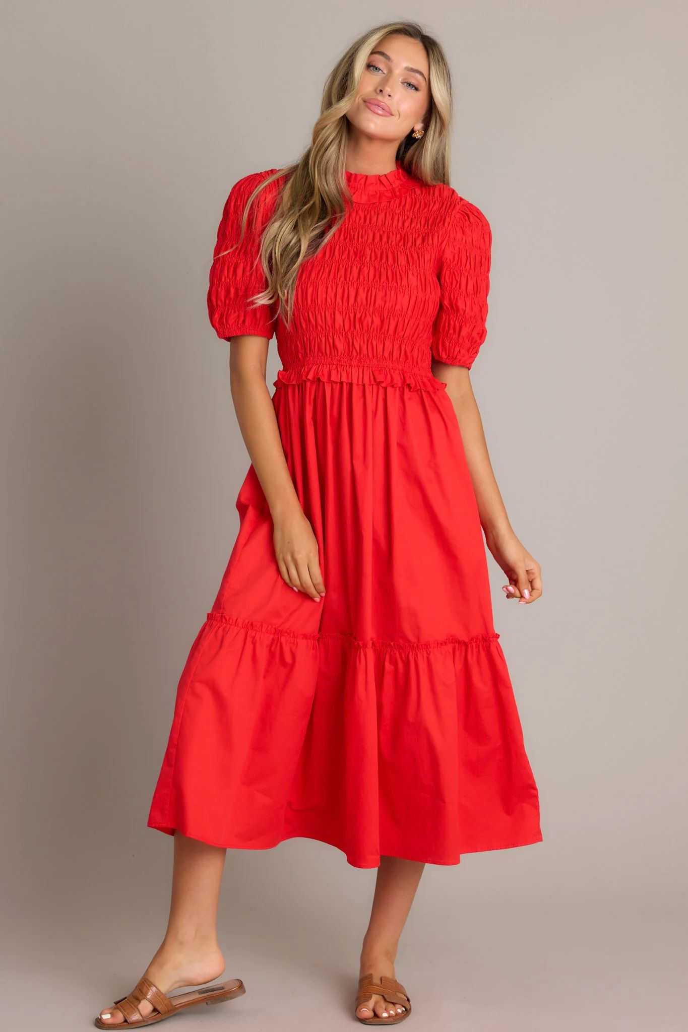 Scarlet Symphony Red Smocked Midi Dress | Red Dress