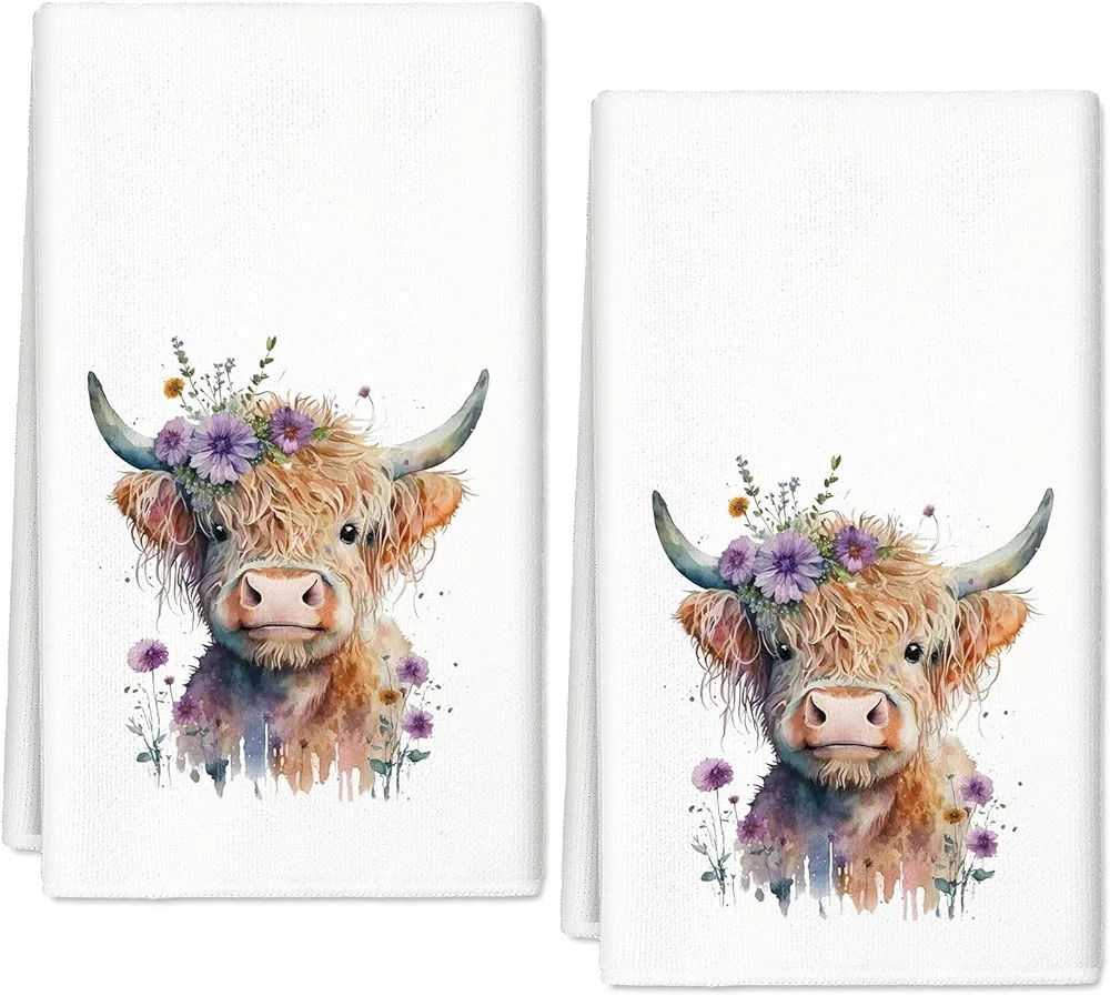 AnyDesign Highland Cow Floral Kitchen Towels Watercolor Yak Purple Flowers Dish Towels 18 x 28 In... | Amazon (US)