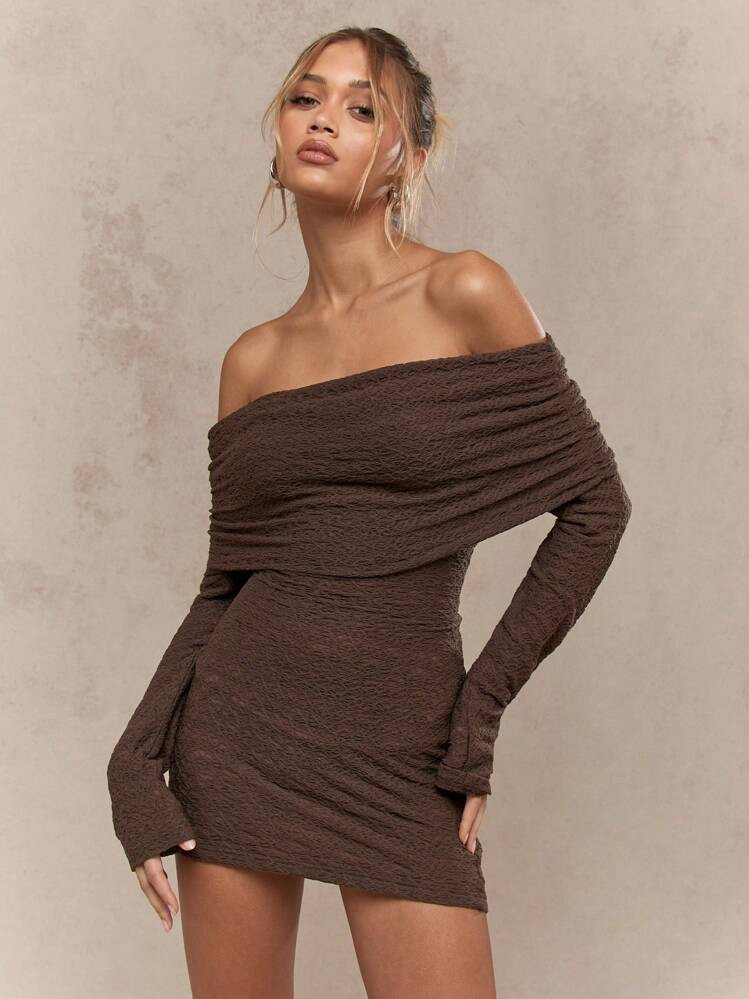 MISSGUIDED Off Shoulder Textured Mini Dress Ruched Bodycon Long Sleeve Elegant Evening Party Cocktail Fall Winter Fashion | SHEIN