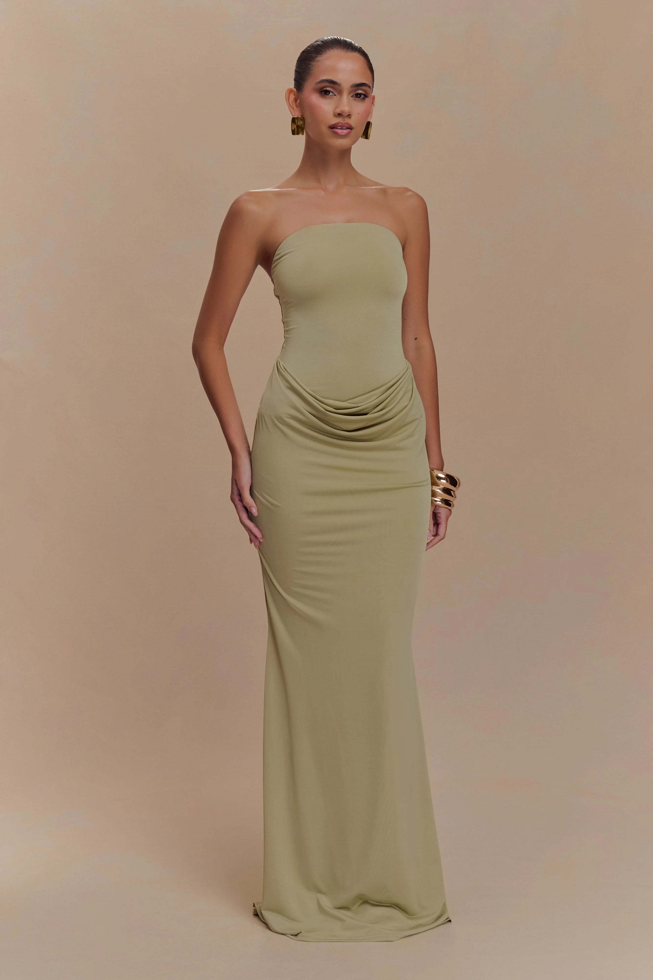 Madison Strapless Slinky Maxi Dress - Sage | MESHKI US