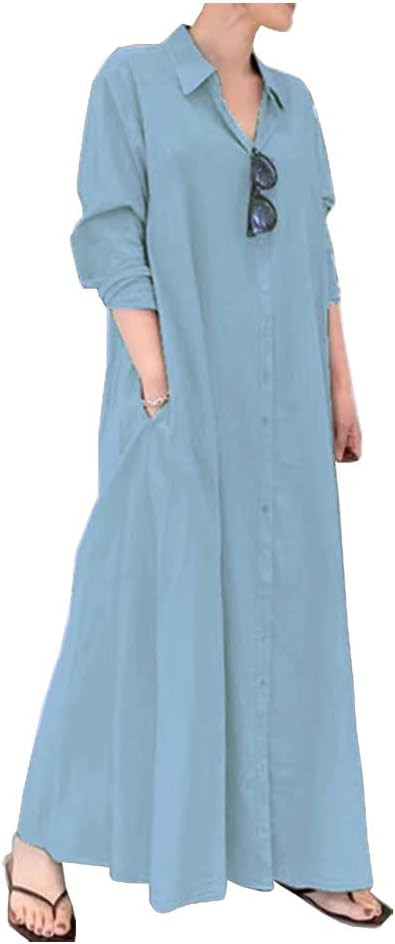 Ladyful Women's Button Down Cotton Linen Shirt Dress Long Sleeve Maxi Shirtdress Beach Summer Dre... | Amazon (US)