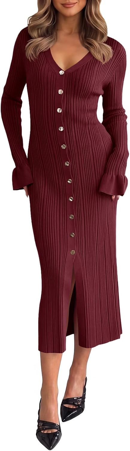 Saodimallsu Womens V Neck Sweater Dress Button Up Ruffle Sexy Midi Dresses | Amazon (US)