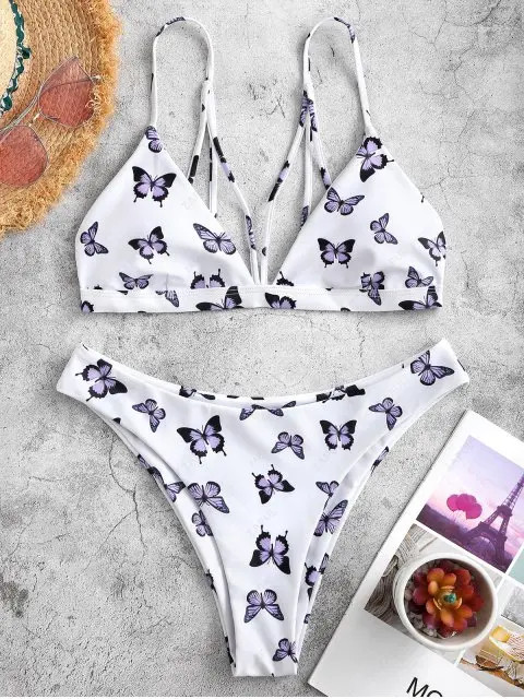 ZAFUL Butterfly Print Back Strappy Bikini Swimwear - White L | ZAFUL (Global)