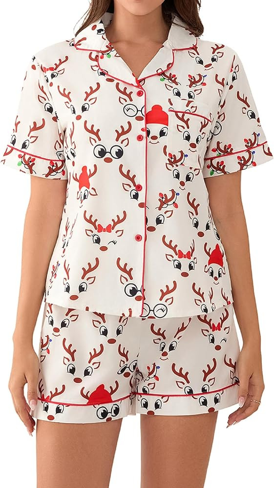 Aonoapll Women Christmas Pajama Set Nutcracker Printed Short Sleeve Button Shirt and Shorts 2 Pie... | Amazon (US)