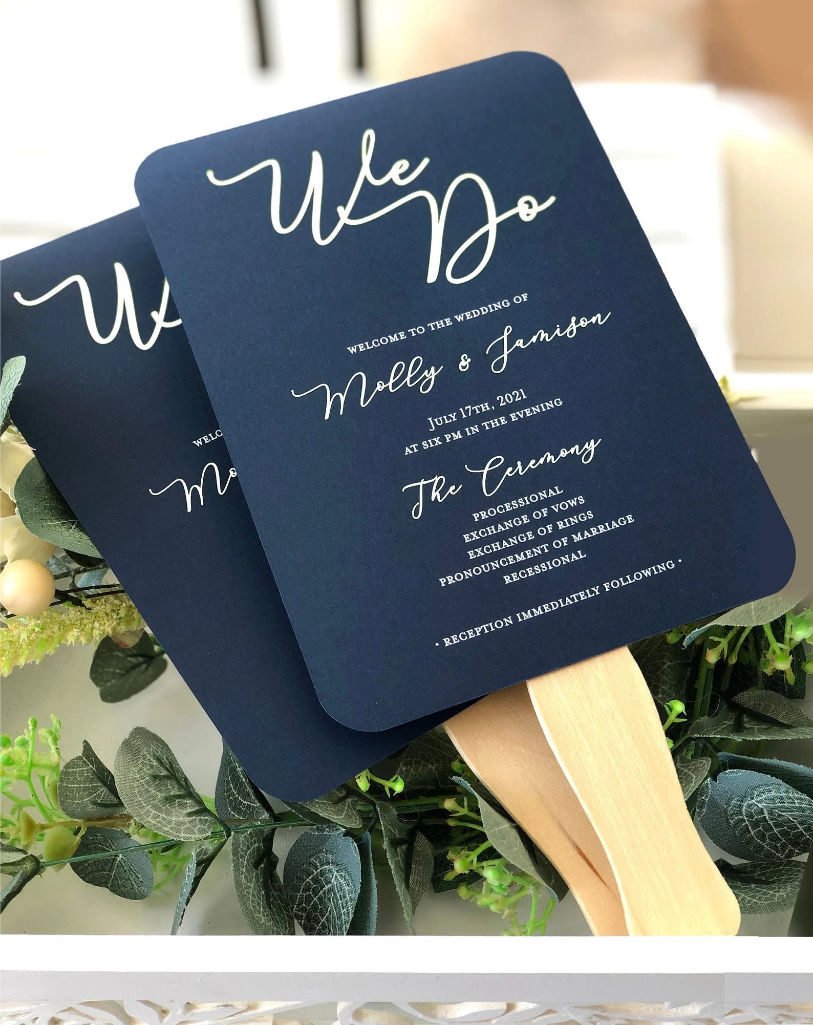 We Do  Wedding Program Fans Navy and White - Wooden Sticks Included  - Navy Blue Wedding Program ... | Etsy (US)
