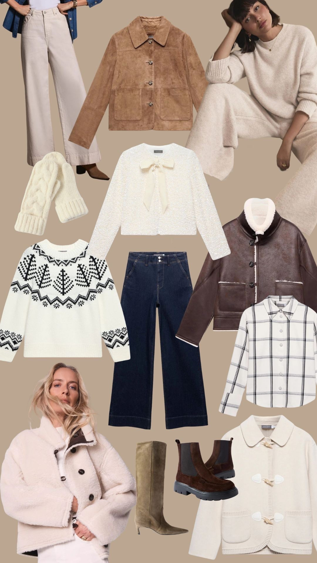 Winter outfits, Christmas outfits, shearling jacket, plaid checked shirt, borg jacket, sequin bow top, loungewear set, knitted co-ord, Fairisle jumper 

#LTKfestive #LTKuk #LTKwinter