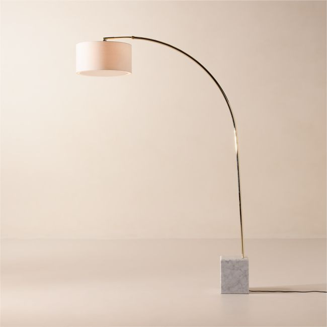 Mane White Marble Arc Floor Lamp with Linen Shade | CB2