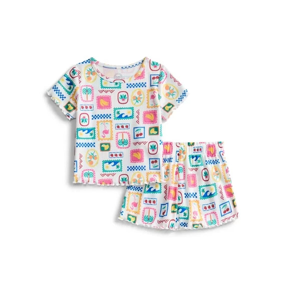 Wonder Nation Toddler Girl's Ribbed Print Tee and Shorts, 2-Piece Pajama Set, Sizes 12M-5T | Walmart (US)