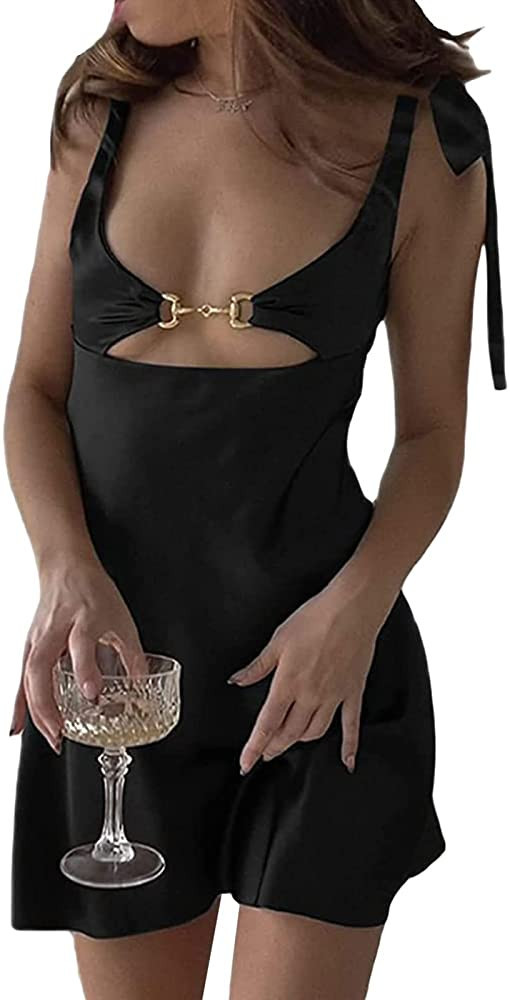 Ynocfri Women 's Sleeveless Spaghetti Strap Satin Dress Sexy Low-Cut Mini Dress Party Clubwear | Amazon (US)