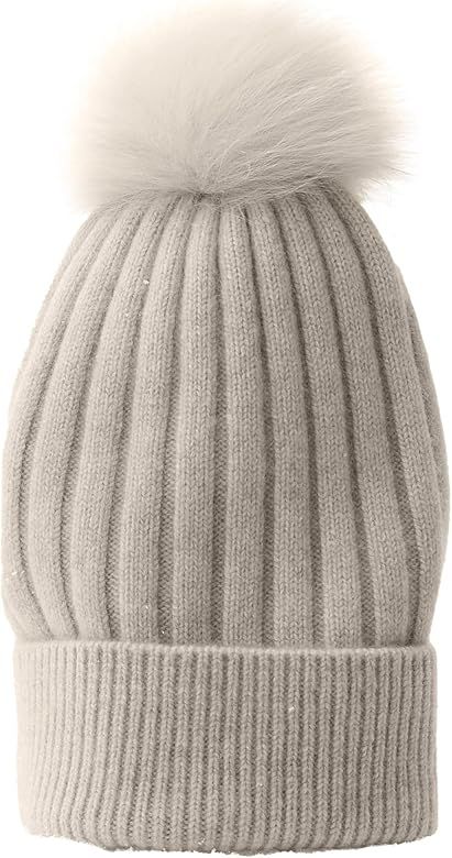 State Cashmere Rabbit Fur Removable Pom-Pom Hat 100% Pure Cashmere Cuffed Beanie Ultimately Soft ... | Amazon (US)